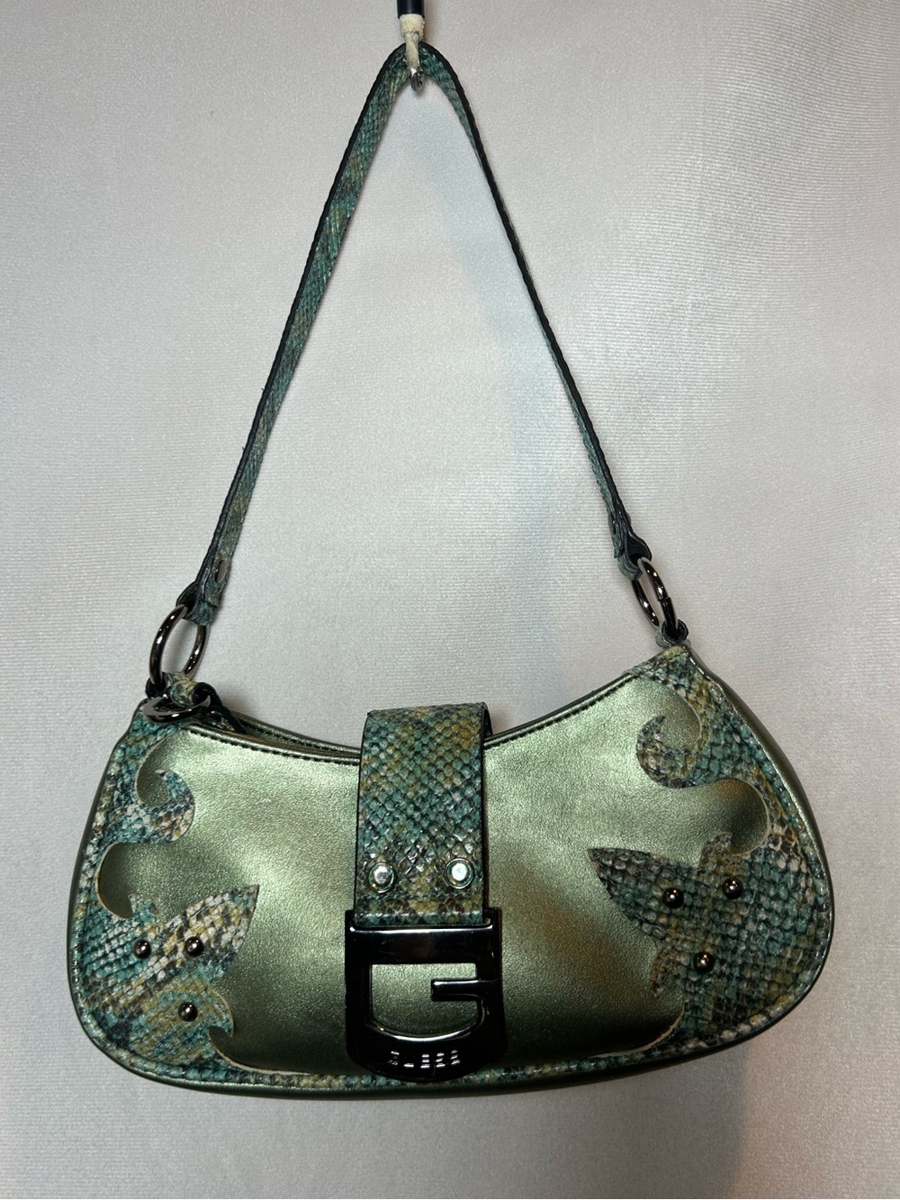 Vintage Guess Early 2000s Y2K Green Baguette Shoulder Bag, Snake Embossed Trim